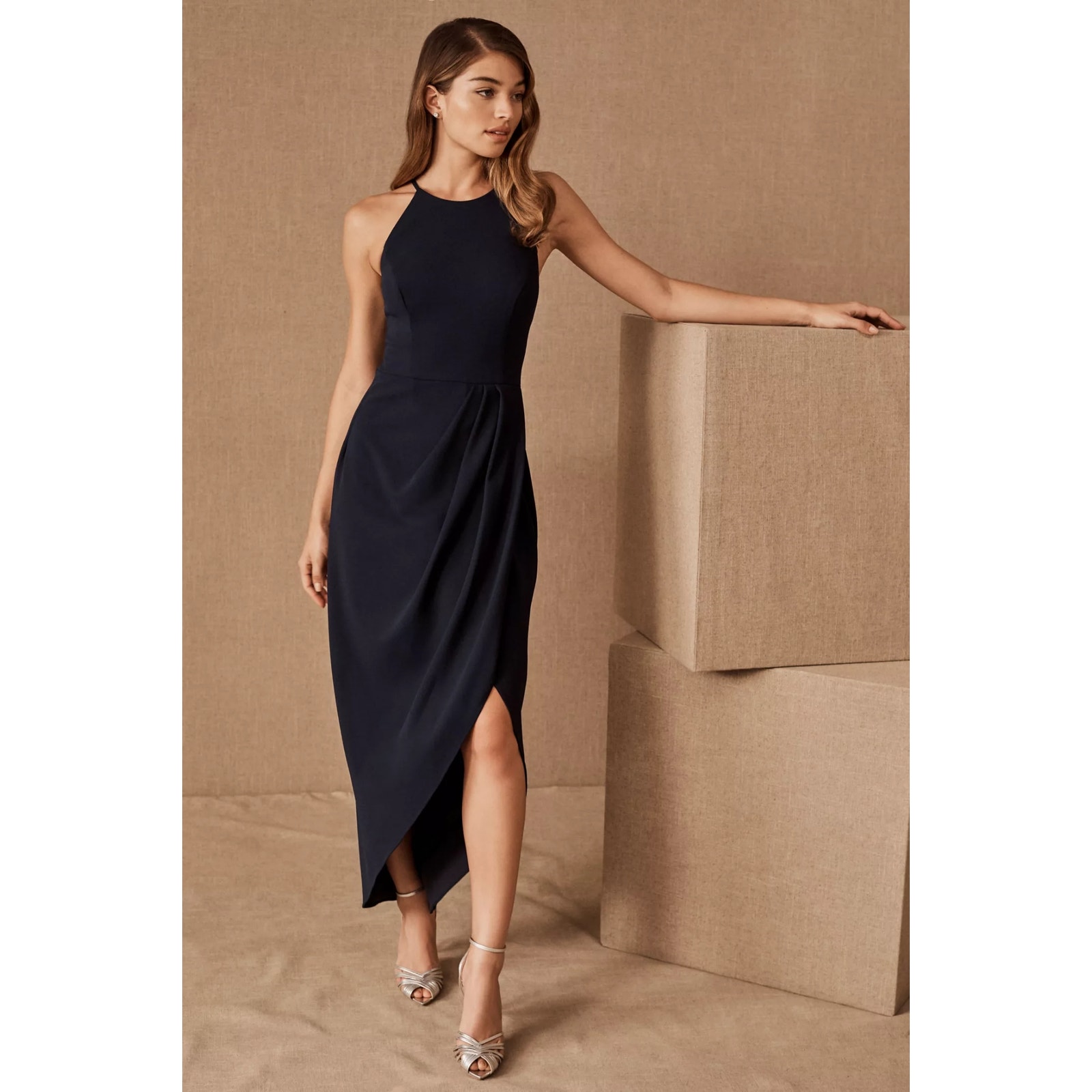 Anthropologie Bhldn Marceau Navy Blue Tulip Hem Crepe Dress Size 2